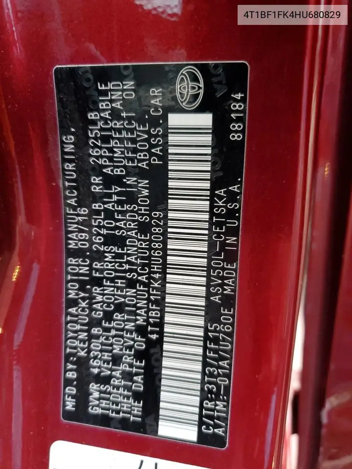 4T1BF1FK4HU680829 2017 Toyota Camry Le