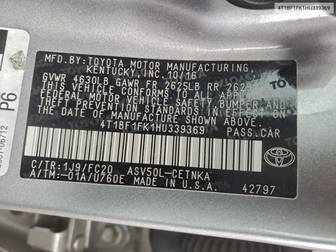 4T1BF1FK1HU339369 2017 Toyota Camry Le
