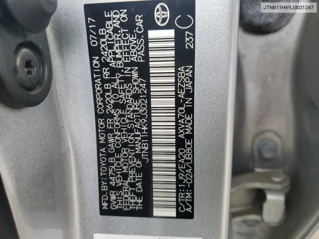 JTNB11HK9J3021247 2018 Toyota Camry L