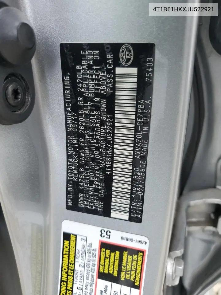 4T1B61HKXJU522921 2018 Toyota Camry Xse