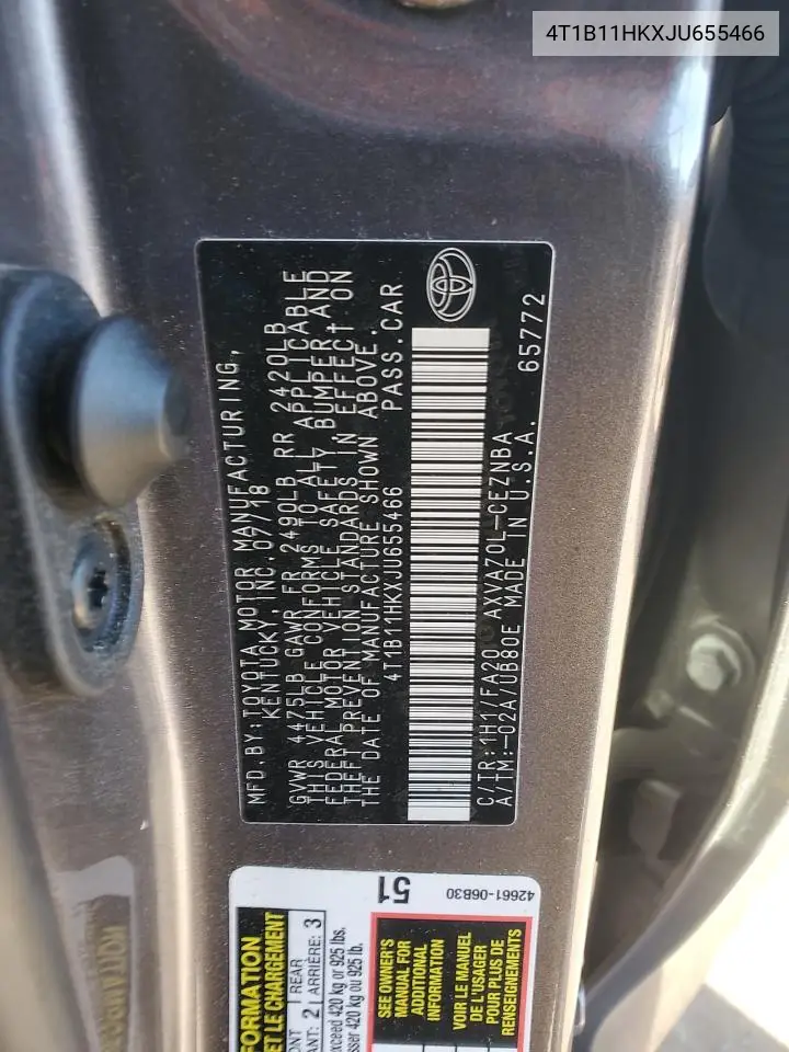 4T1B11HKXJU655466 2018 Toyota Camry L