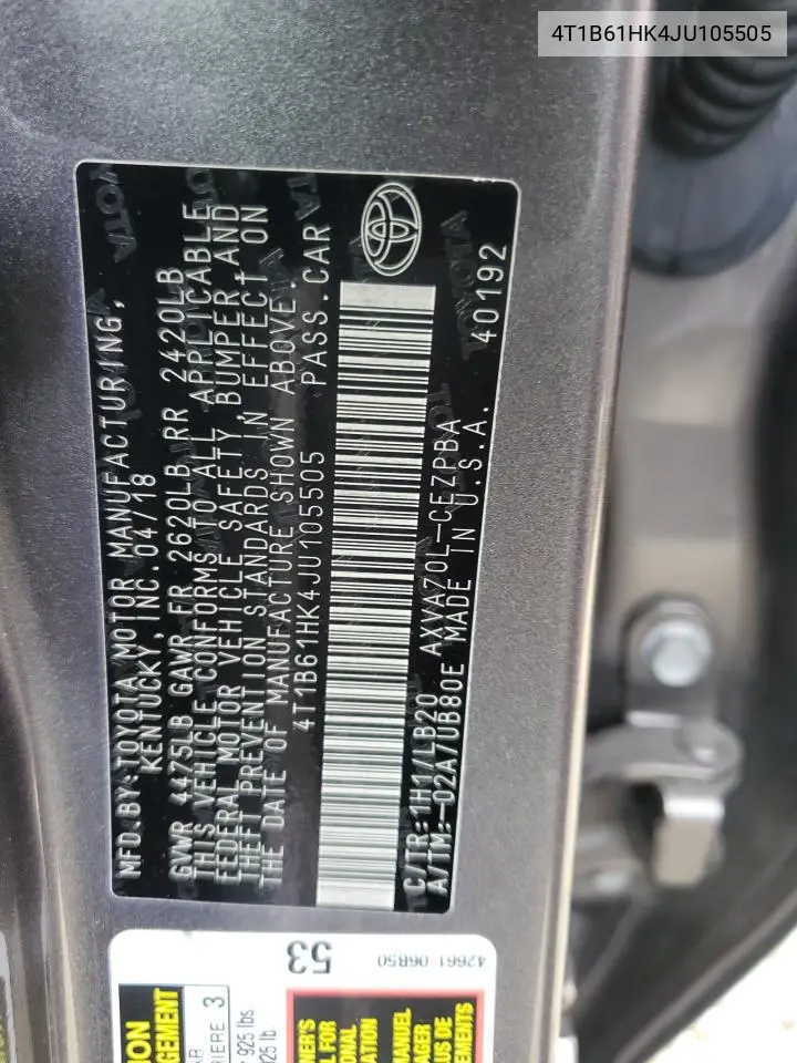 4T1B61HK4JU105505 2018 Toyota Camry Xse