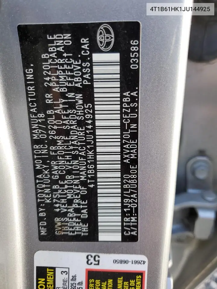 4T1B61HK1JU144925 2018 Toyota Camry Xse