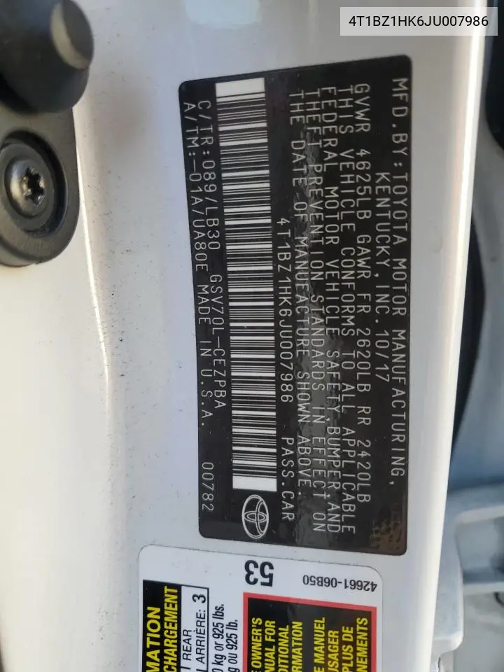 4T1BZ1HK6JU007986 2018 Toyota Camry Xse