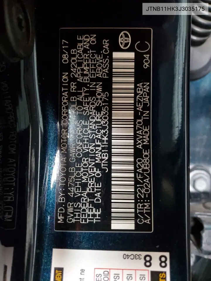 JTNB11HK3J3035175 2018 Toyota Camry L