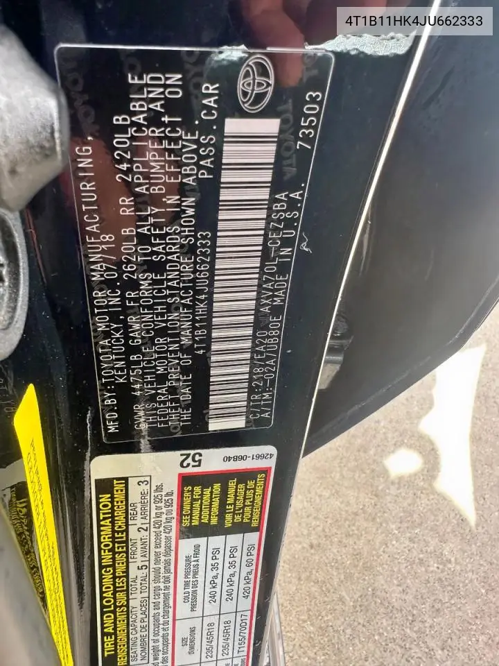 4T1B11HK4JU662333 2018 Toyota Camry L