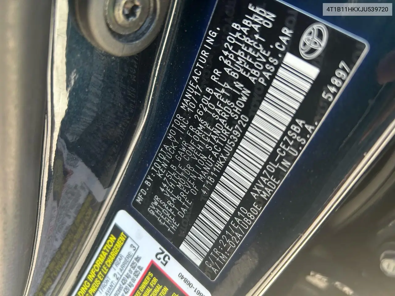 4T1B11HKXJU539720 2018 Toyota Camry L