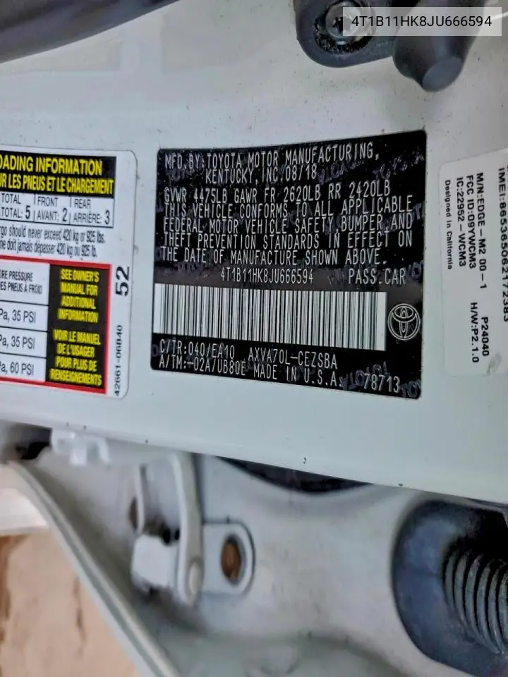 4T1B11HK8JU666594 2018 Toyota Camry L