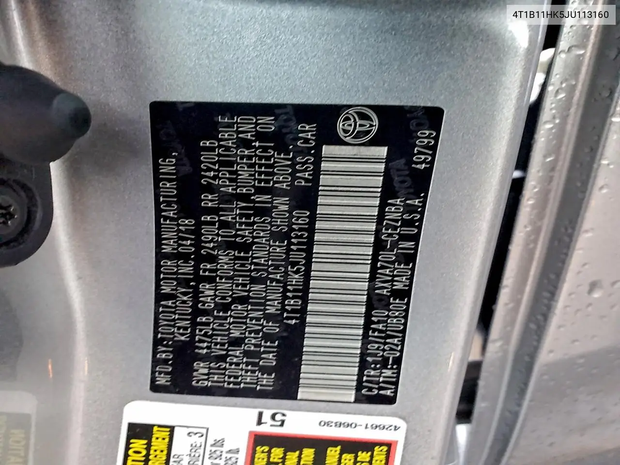 4T1B11HK5JU113160 2018 Toyota Camry L