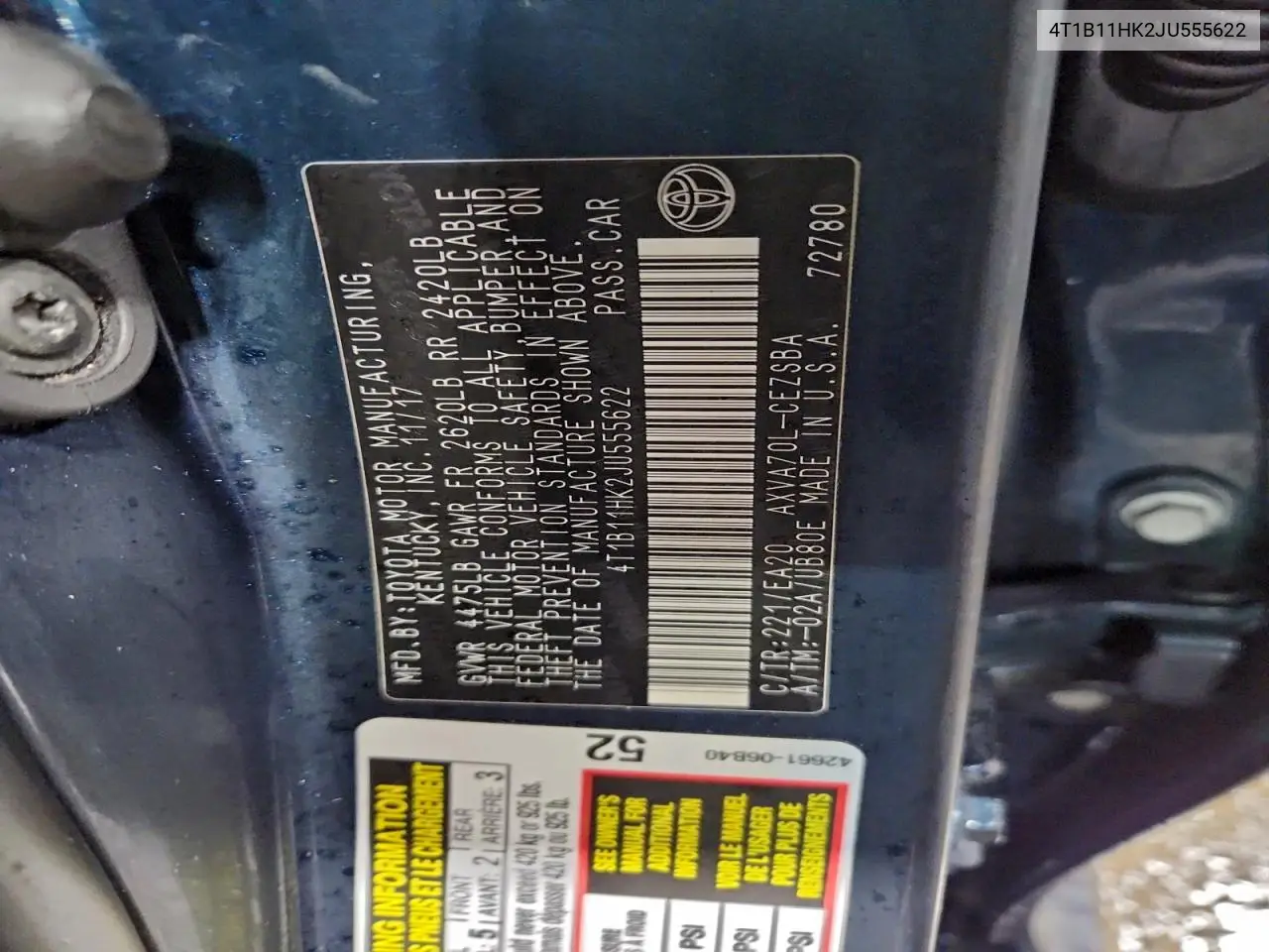 4T1B11HK2JU555622 2018 Toyota Camry L
