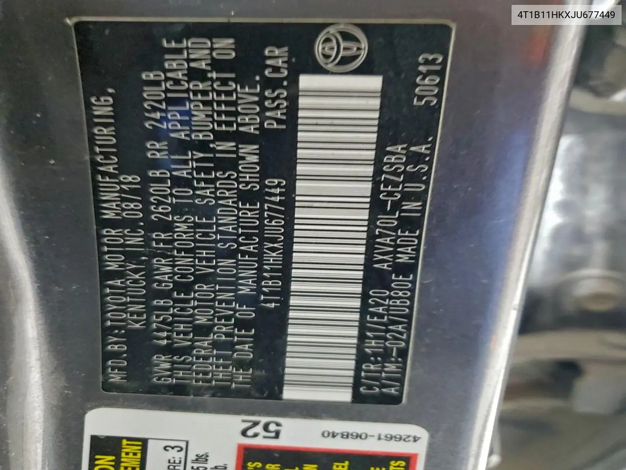 4T1B11HKXJU677449 2018 Toyota Camry L