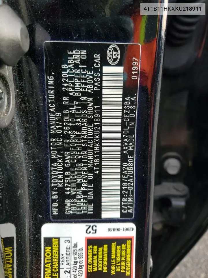 4T1B11HKXKU218911 2019 Toyota Camry L