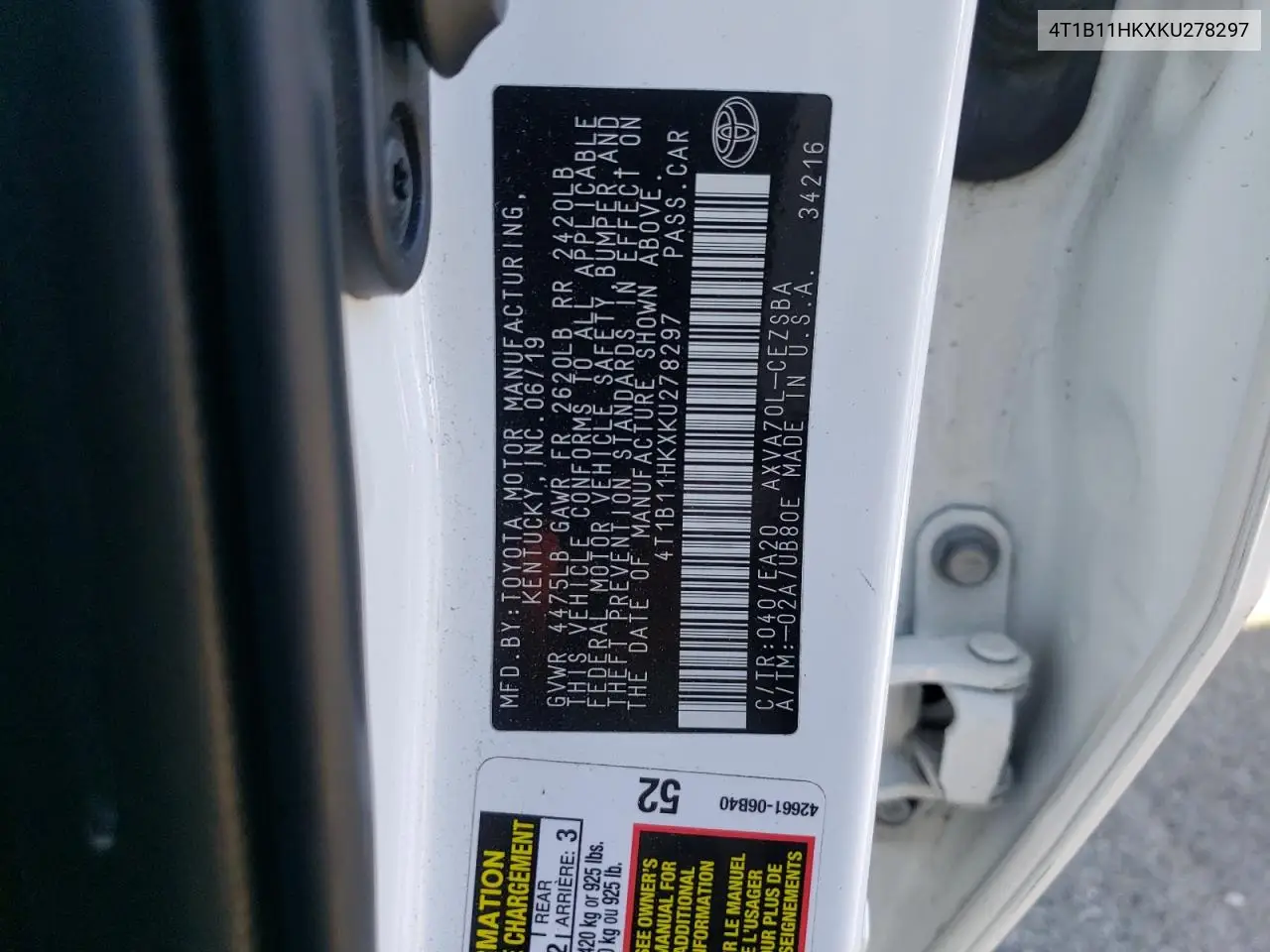 4T1B11HKXKU278297 2019 Toyota Camry L