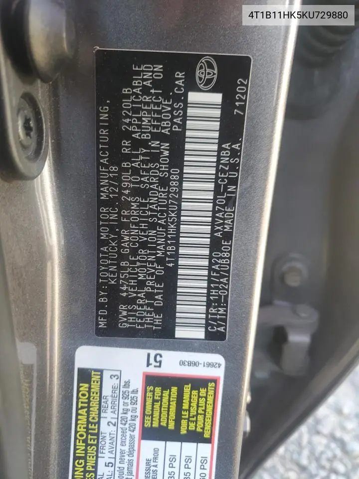 4T1B11HK5KU729880 2019 Toyota Camry L
