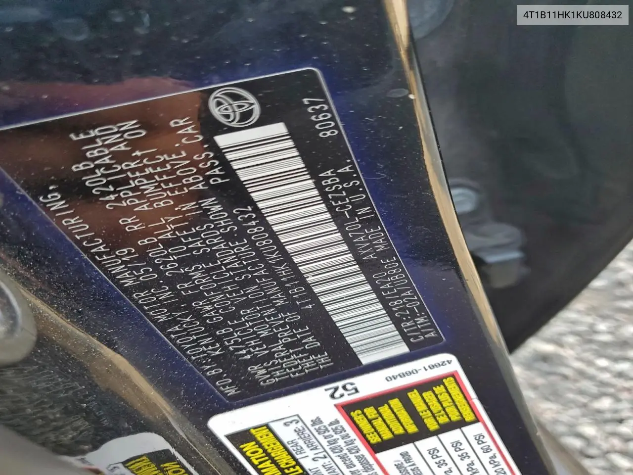 4T1B11HK1KU808432 2019 Toyota Camry L