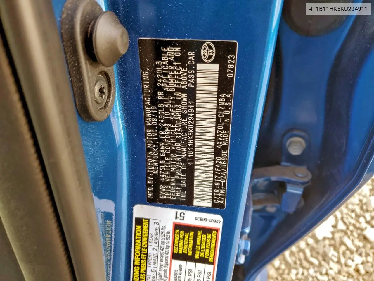 4T1B11HK5KU294911 2019 Toyota Camry L