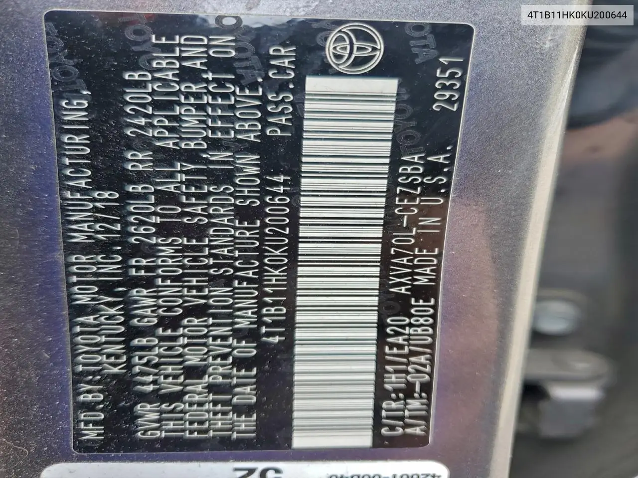 4T1B11HK0KU200644 2019 Toyota Camry L
