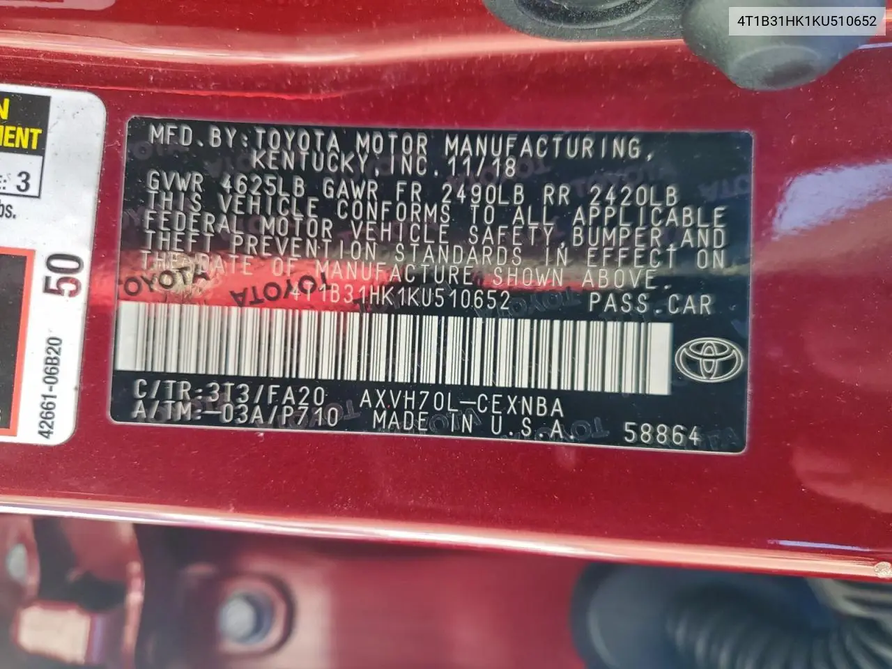 4T1B31HK1KU510652 2019 Toyota Camry Le