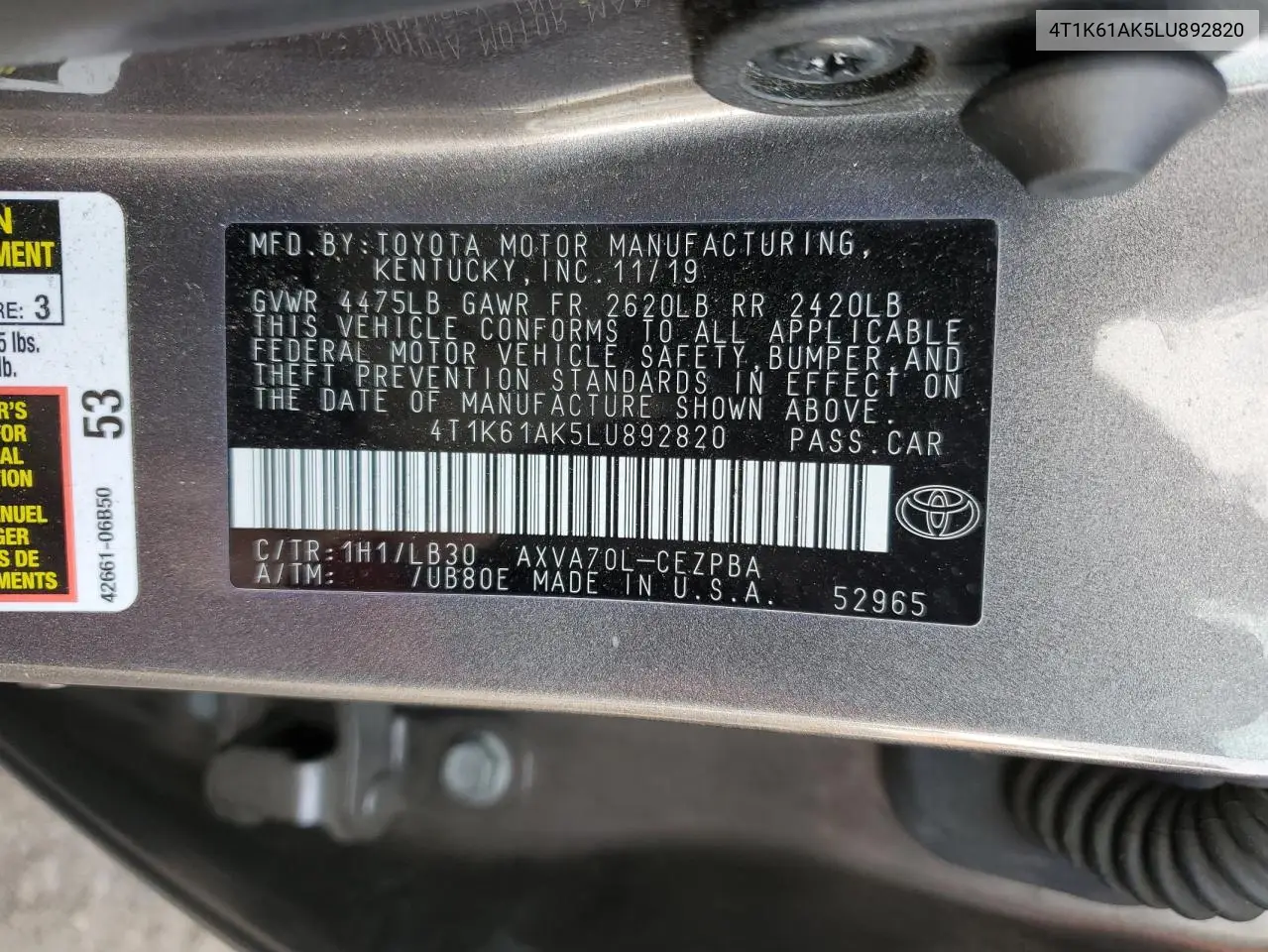 4T1K61AK5LU892820 2020 Toyota Camry Xse