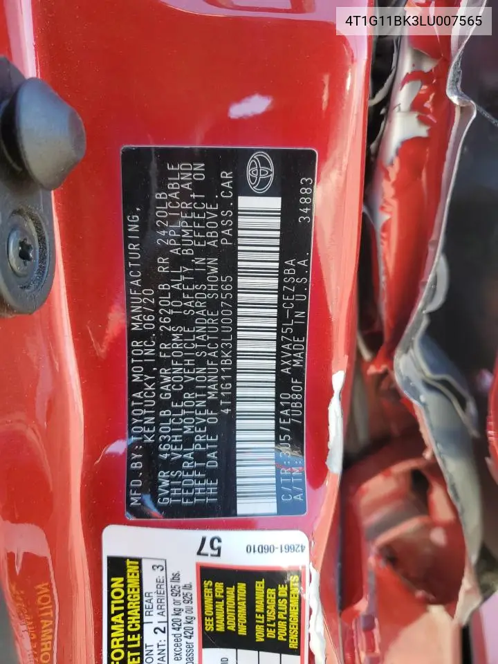 4T1G11BK3LU007565 2020 Toyota Camry Se