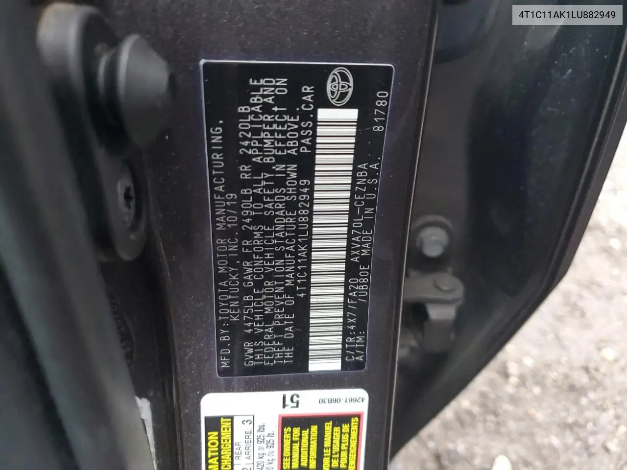 4T1C11AK1LU882949 2020 Toyota Camry Le