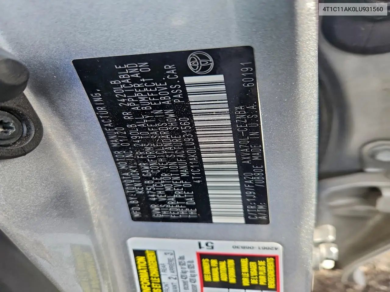 4T1C11AK0LU931560 2020 Toyota Camry Le