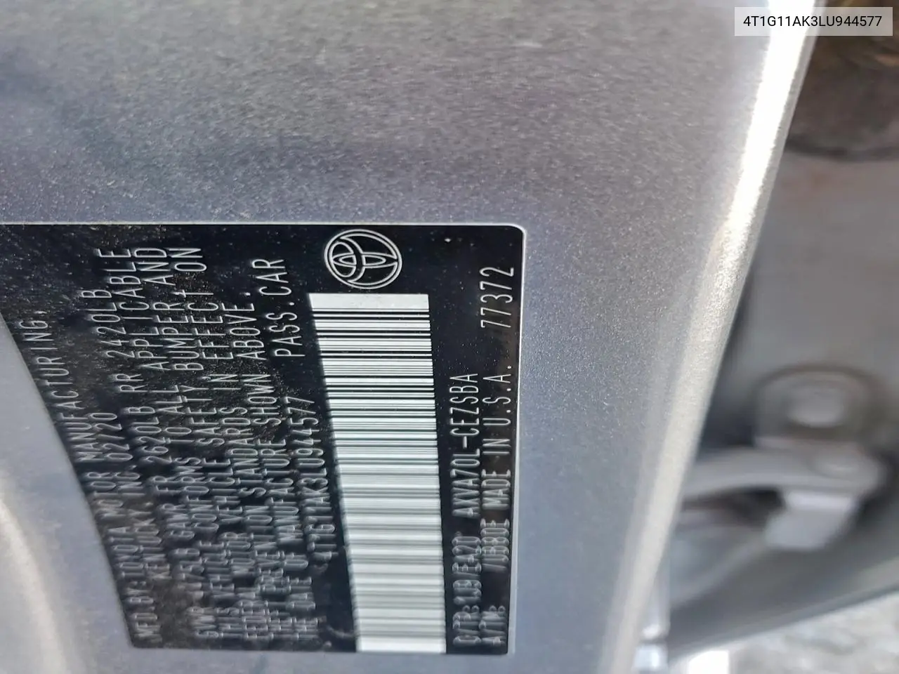 4T1G11AK3LU944577 2020 Toyota Camry Se