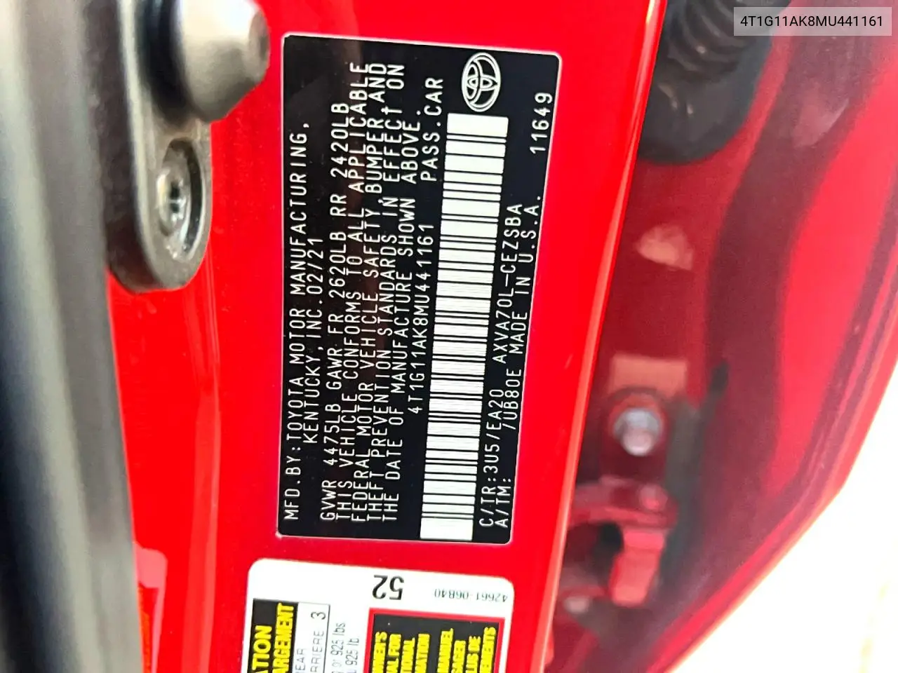 4T1G11AK8MU441161 2021 Toyota Camry Se