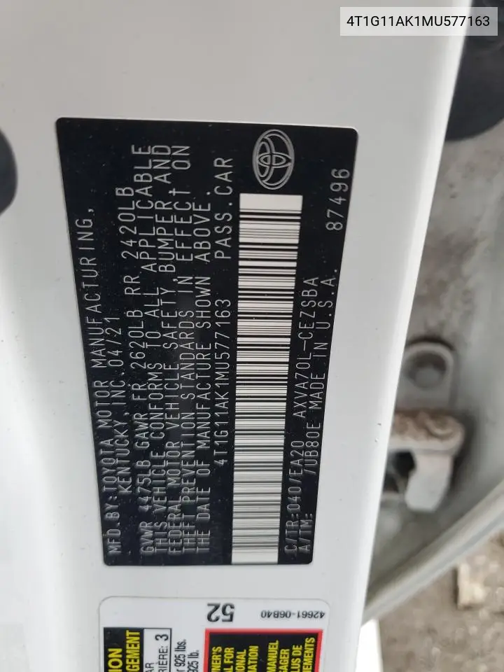 4T1G11AK1MU577163 2021 Toyota Camry Se
