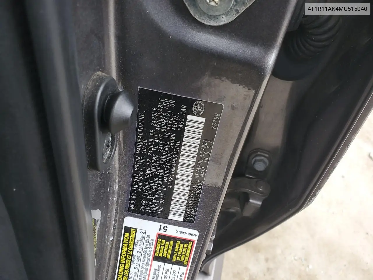 4T1R11AK4MU515040 2021 Toyota Camry Le