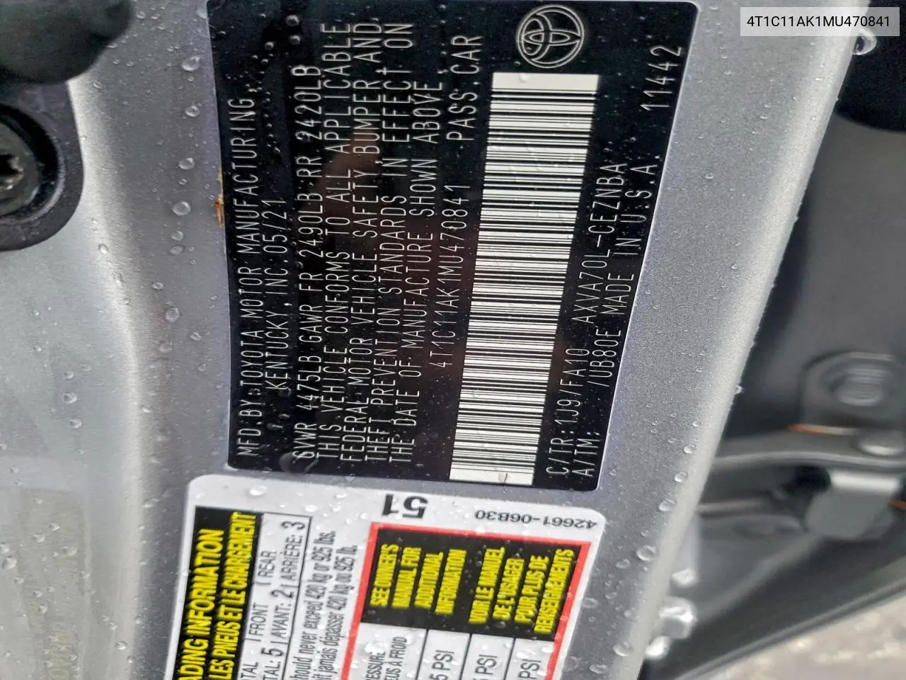 4T1C11AK1MU470841 2021 Toyota Camry Le