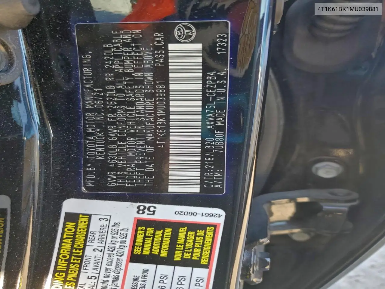 4T1K61BK1MU039881 2021 Toyota Camry Xse