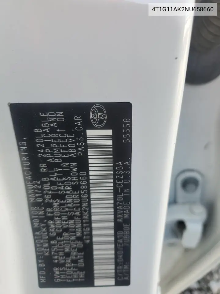 4T1G11AK2NU658660 2022 Toyota Camry Se