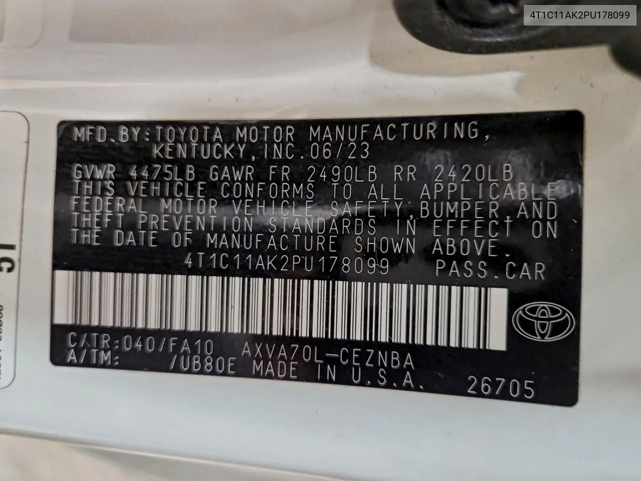 4T1C11AK2PU178099 2023 Toyota Camry Le
