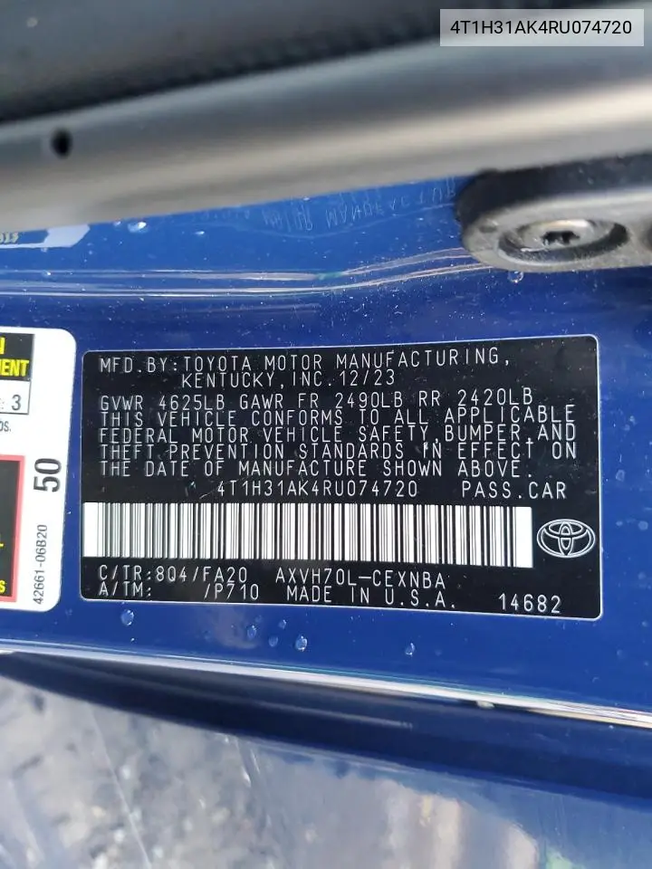 4T1H31AK4RU074720 2024 Toyota Camry Le