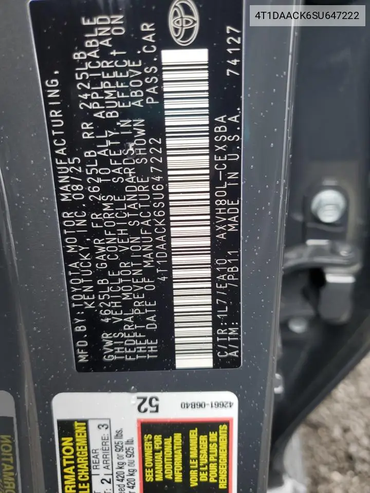 4T1DAACK6SU647222 2025 Toyota Camry Xse