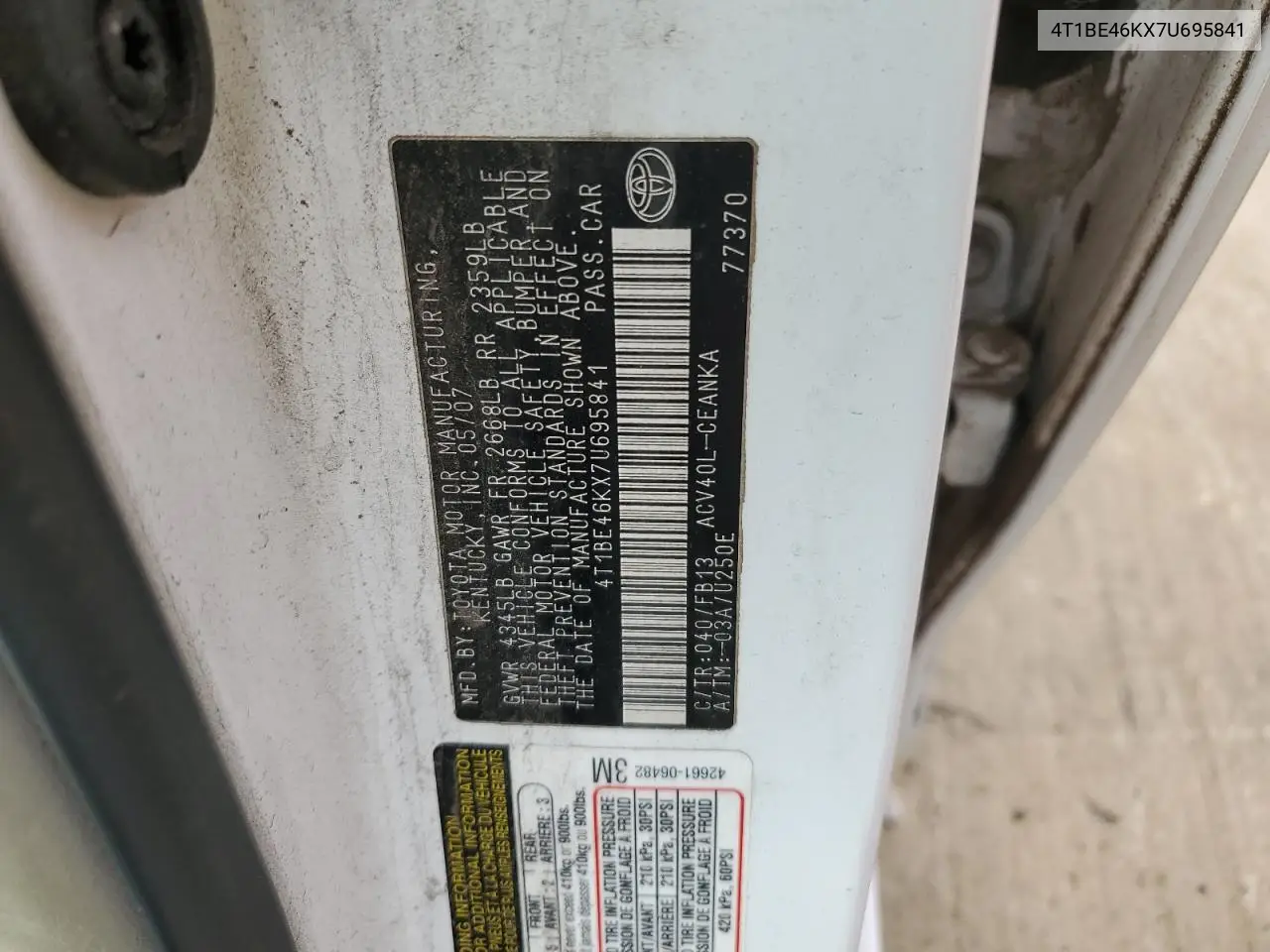 4T1BE46KX7U695841 2007 Toyota Camry Ce