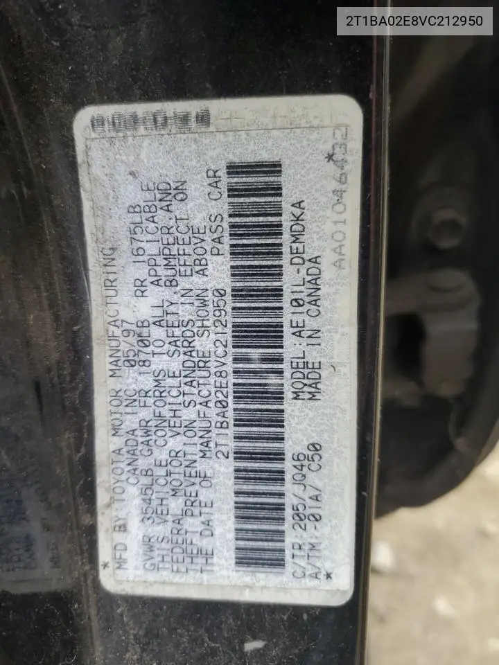 2T1BA02E8VC212950 1997 Toyota Corolla Base