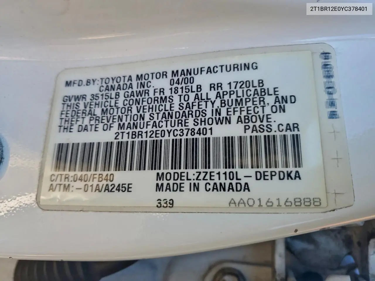 2T1BR12E0YC378401 2000 Toyota Corolla Ve