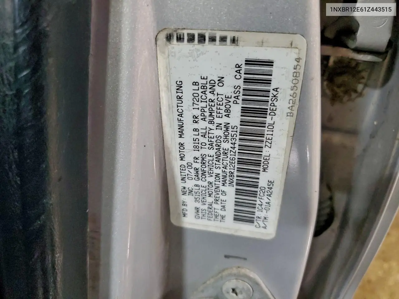 1NXBR12E61Z443515 2001 Toyota Corolla Ce