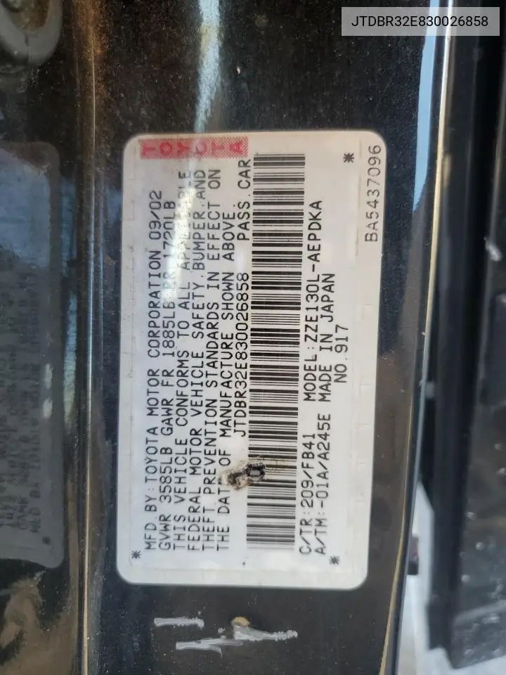 JTDBR32E830026858 2003 Toyota Corolla Ce