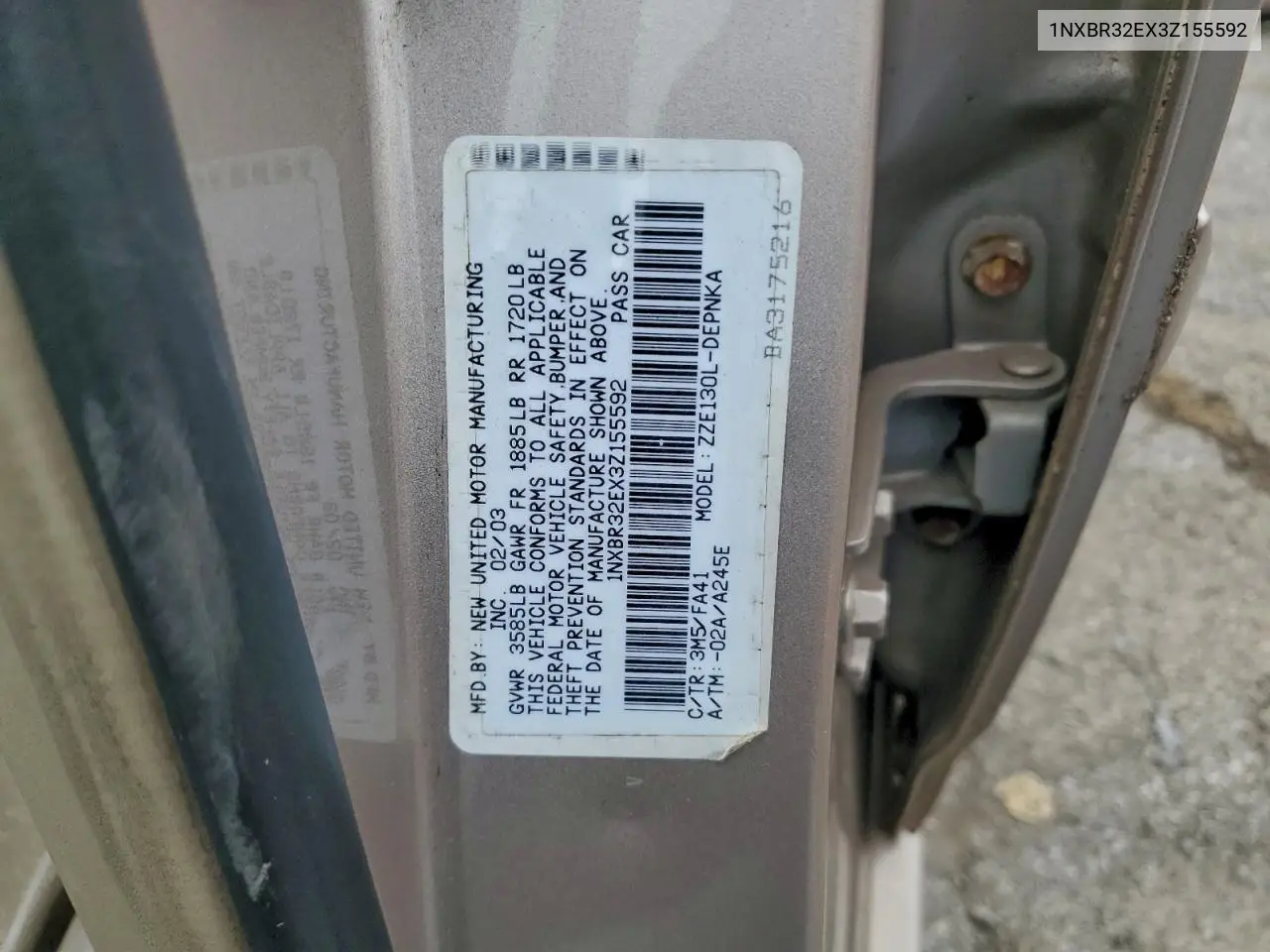 1NXBR32EX3Z155592 2003 Toyota Corolla Ce