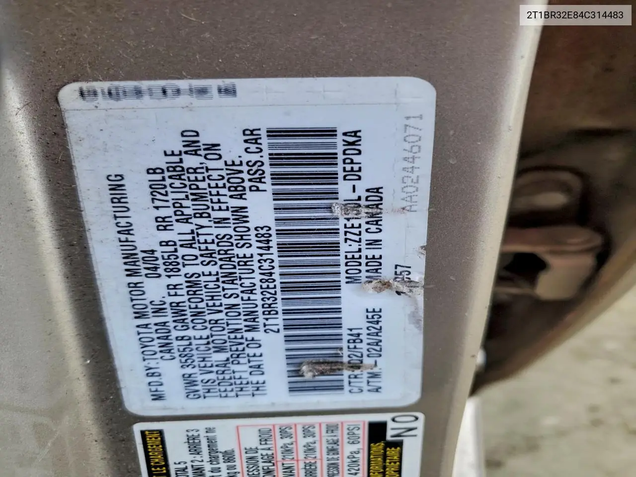 2T1BR32E84C314483 2004 Toyota Corolla Ce