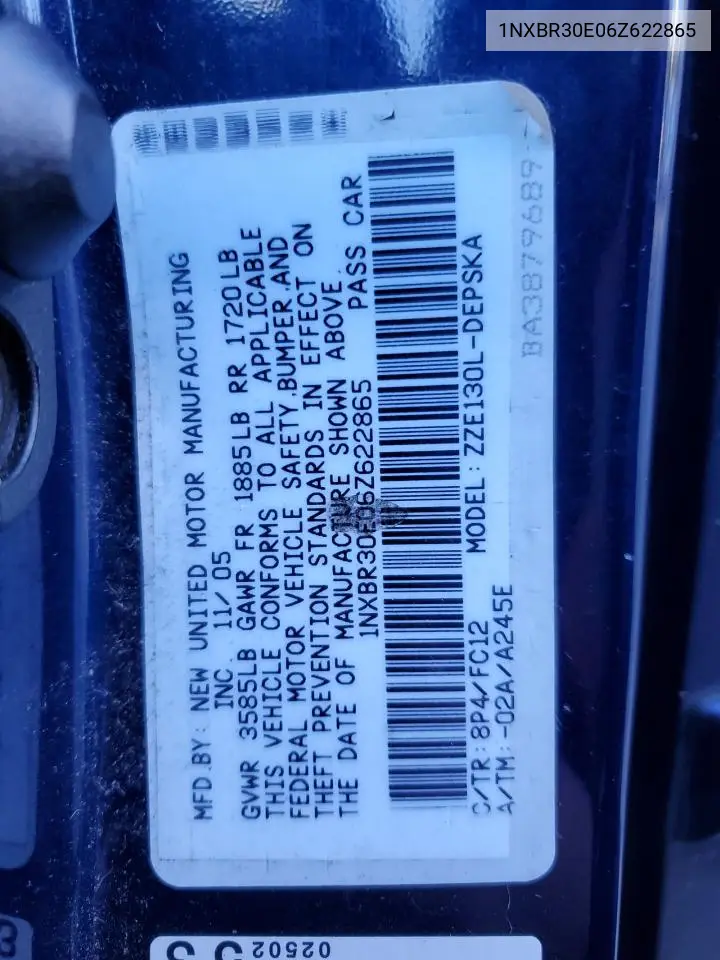 1NXBR30E06Z622865 2006 Toyota Corolla Ce
