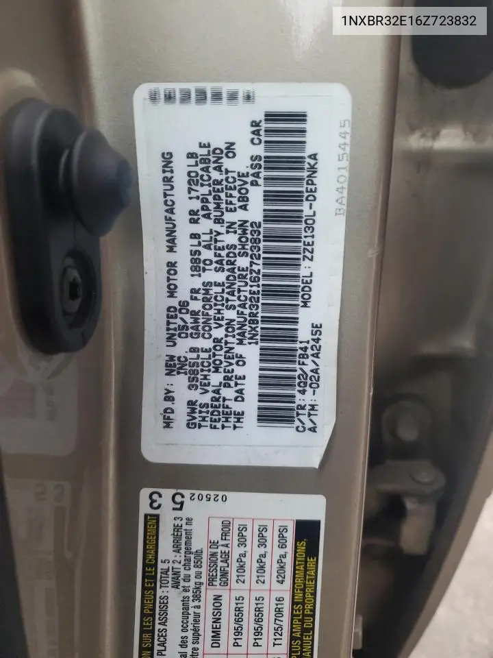 1NXBR32E16Z723832 2006 Toyota Corolla Ce