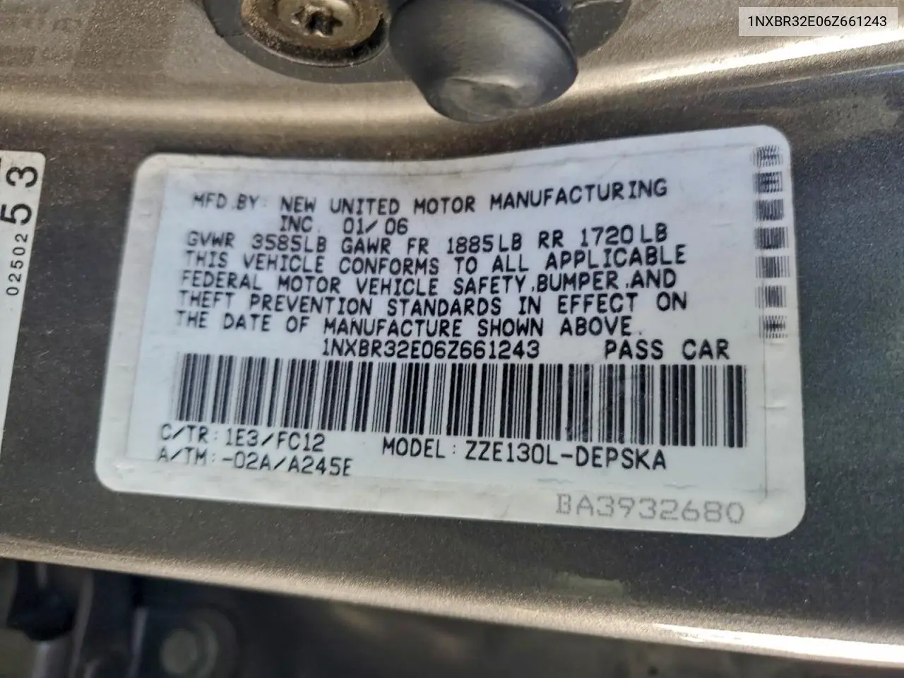 1NXBR32E06Z661243 2006 Toyota Corolla Ce