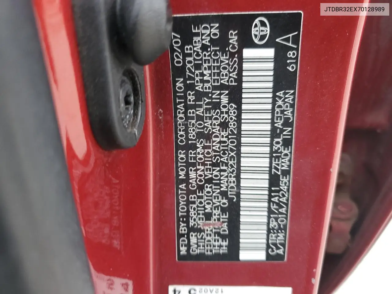 JTDBR32EX70128989 2007 Toyota Corolla Ce