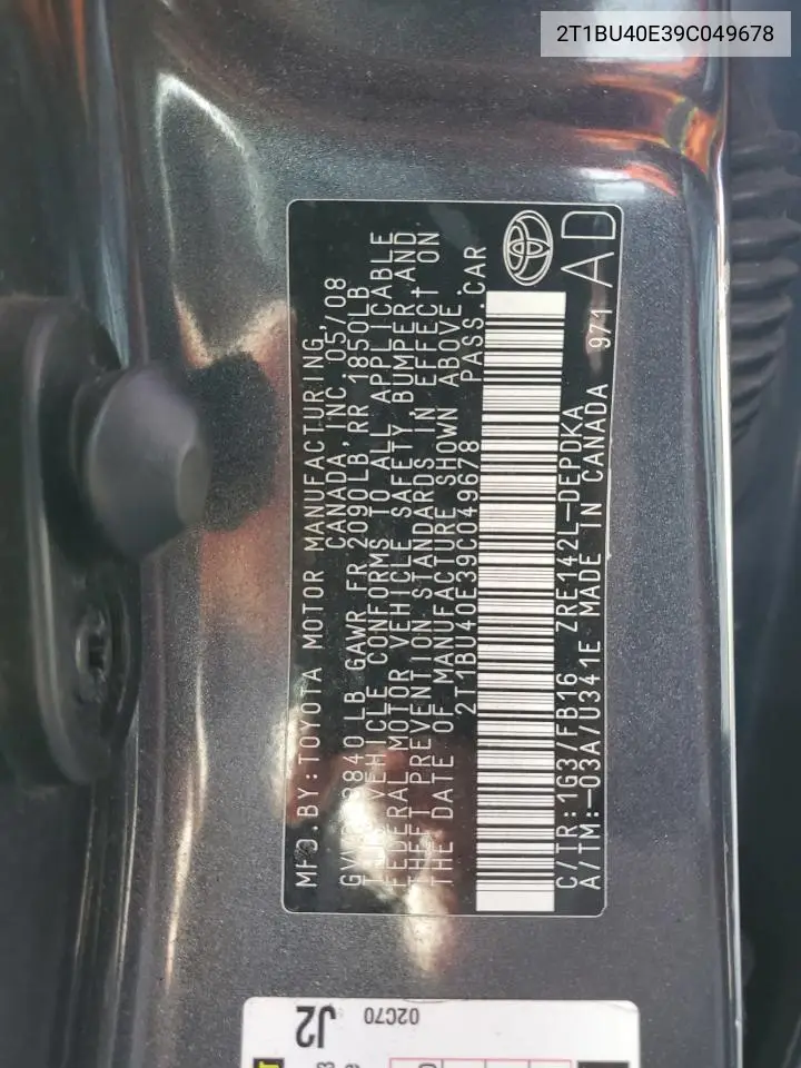 2T1BU40E39C049678 2009 Toyota Corolla Base