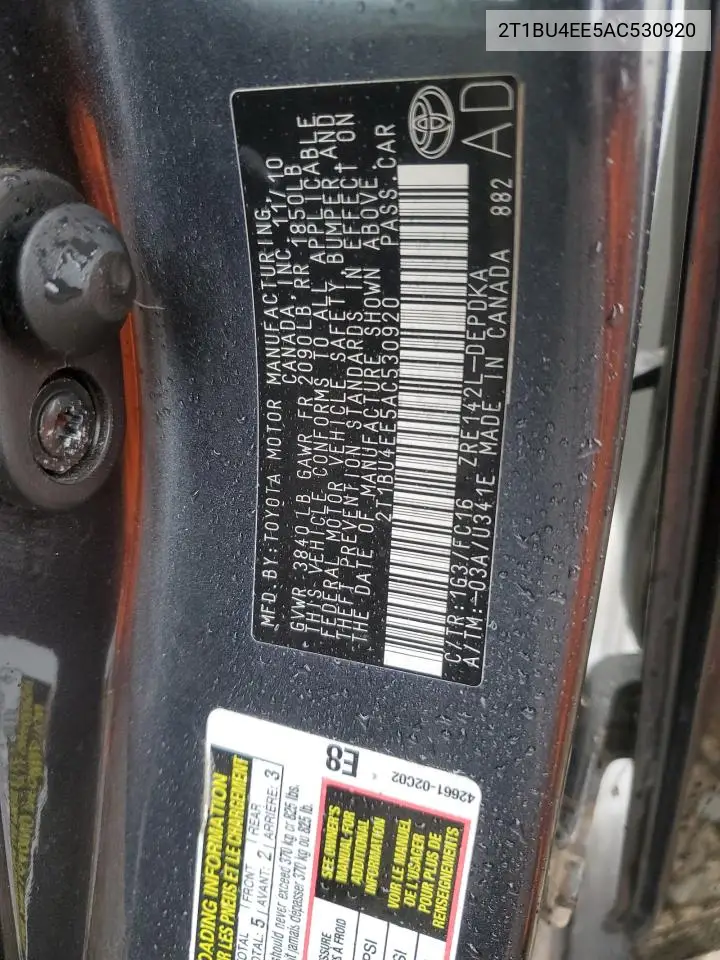 2T1BU4EE5AC530920 2010 Toyota Corolla Base