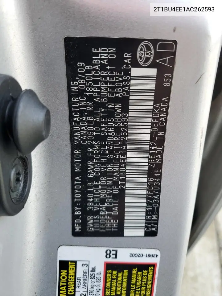 2T1BU4EE1AC262593 2010 Toyota Corolla Base
